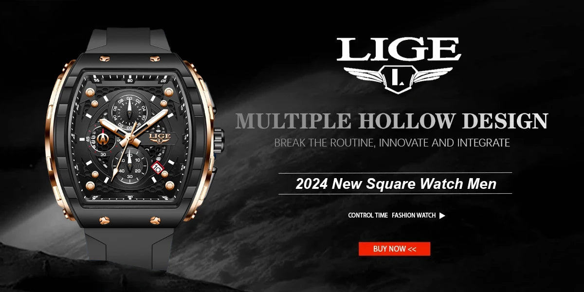 LIGE Waterproof Watches For Men Original Brand Luxury Silicone Square Men's Quartz Wristwatch Fashion Military Chronograph Male