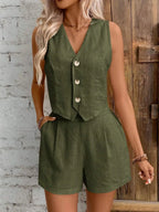 2026 Women's Solid Casual Two Piece Sets Fashion Sexy V-neck Sleeveless Vest Tops and Shorts Suit Women Summer Cotton Linen Sets