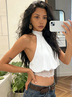 Lace Patchwork Halter Sleeveless Top Bow SLeeveless Tie Slim Fitted 2026 Summer Elegant Women Blouse Versatile Chic Lady Top