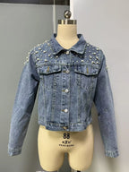Women's Trendy Beaded Denim Jacket for Spring And Autumn New Fashion Casual Outerwear