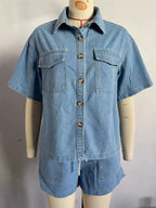 Summer Trendy Women's Casual Loose Pocket Short Sleeve Shirt Cowboy Two Piece Set