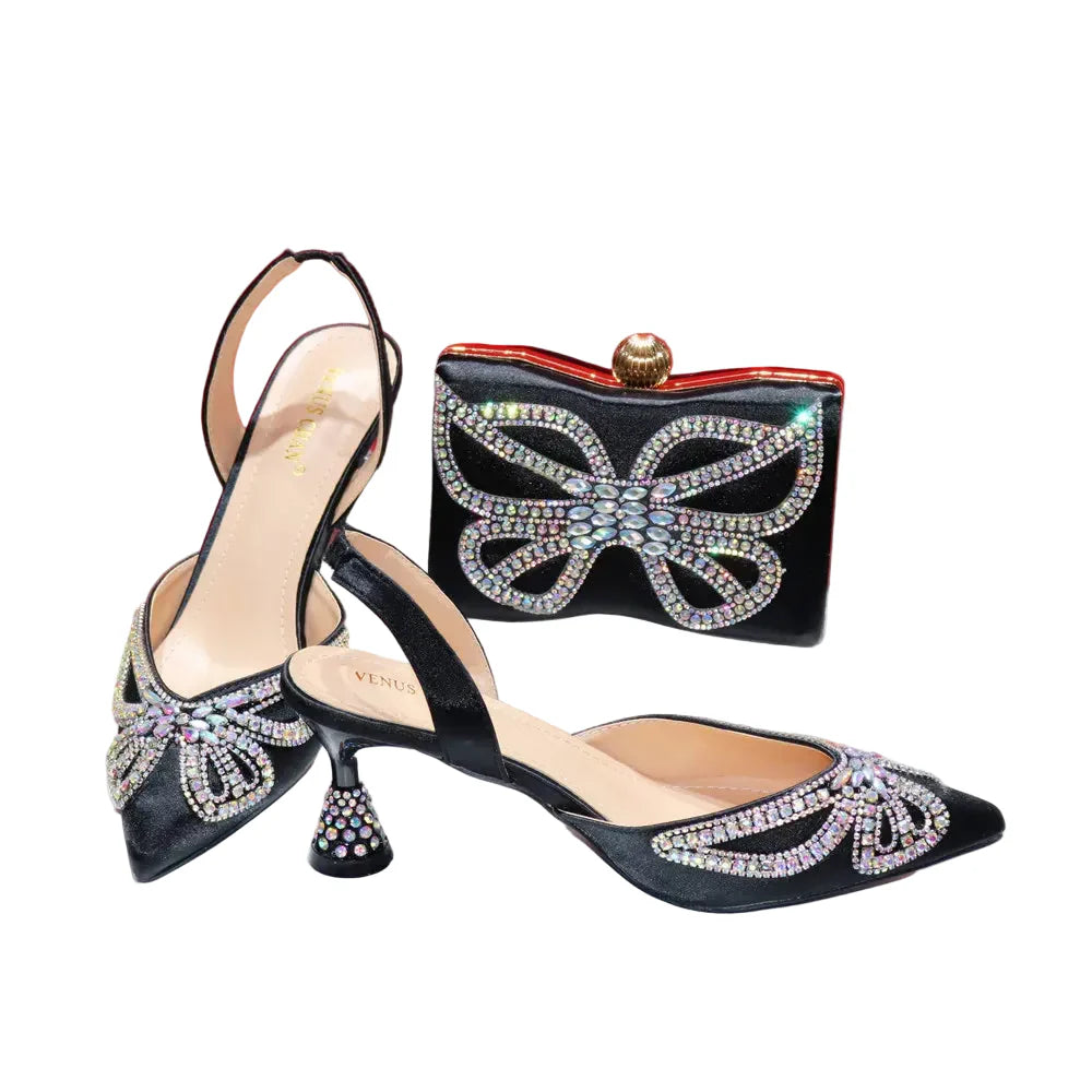 Design Diamond-Encrusted Bag And Pointed High-Heeled Shoes