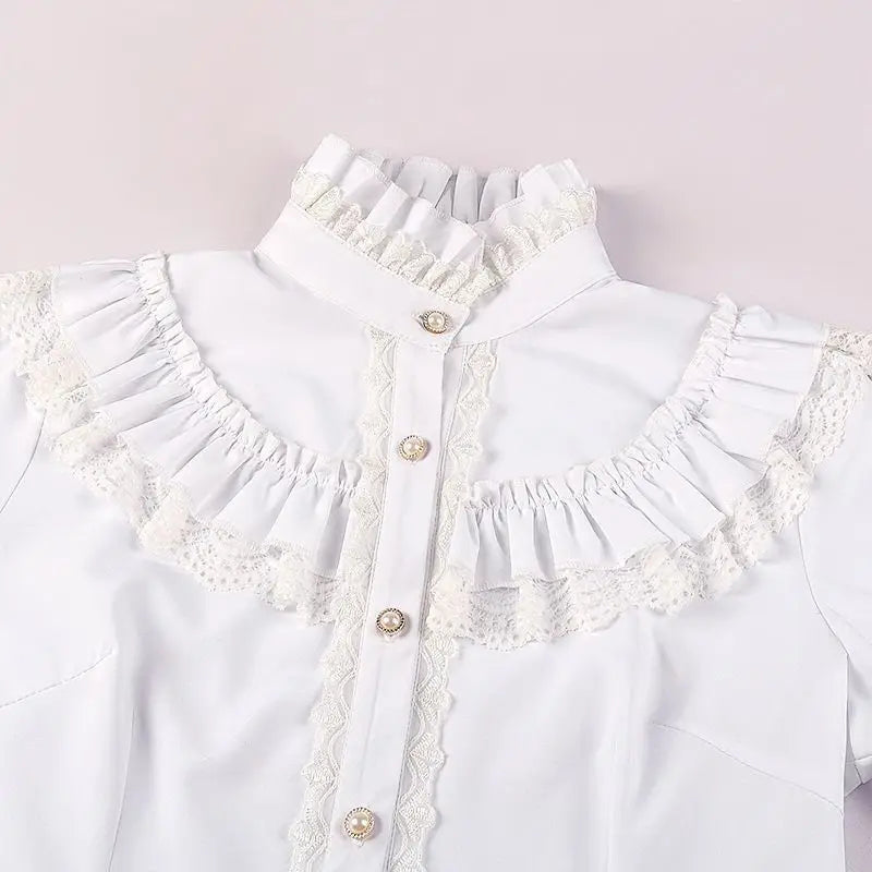 Women's Vintage Ruffle Collar Shirt 2026 Spring New Arrival High Neck Lace Trim Button Down Shirt Elegant Gothic Blouse Tops