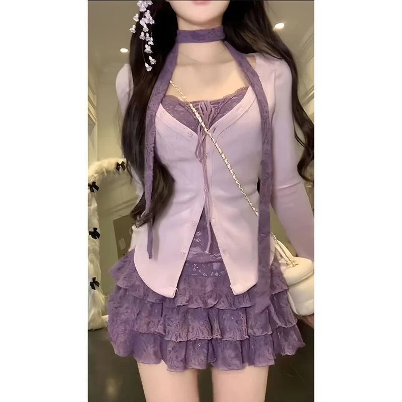 Women Mini Skirt 2 Piece Set Long Sleeve Coquette Thin Tops Y2k Mini Skirt Kpop Girl 2000s Aesthetic Outfits Vintage Suits