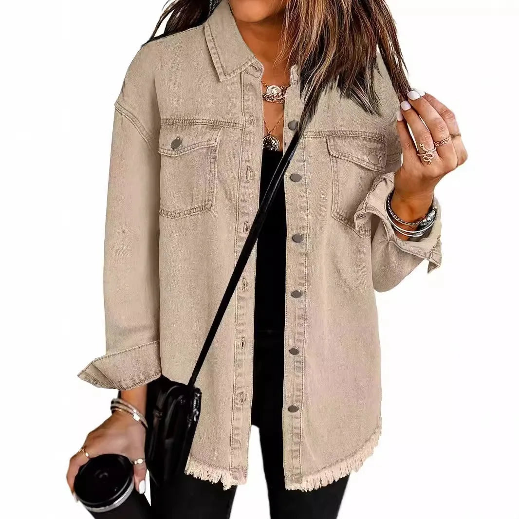 New Washed Denim Shirt Jacket for Women Fall/Winter Street Style with Distressed Hem Women's Outerwear
