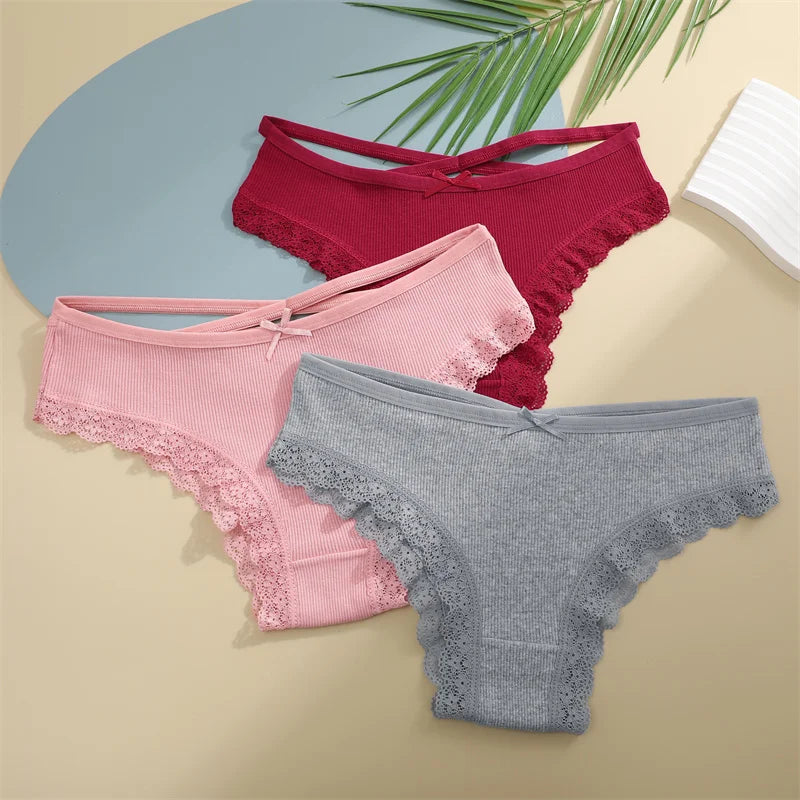 3PCS/Set Women’s Cotton Lace Bikini Panties – Low-Rise Breathable Soft Stretch Underwear (95% Cotton Comfort Fit) Sexy Low Rise Lace Brazilian Panties Hollow Out Soft Breathable Lingerie Female Bow Underwear S-XL