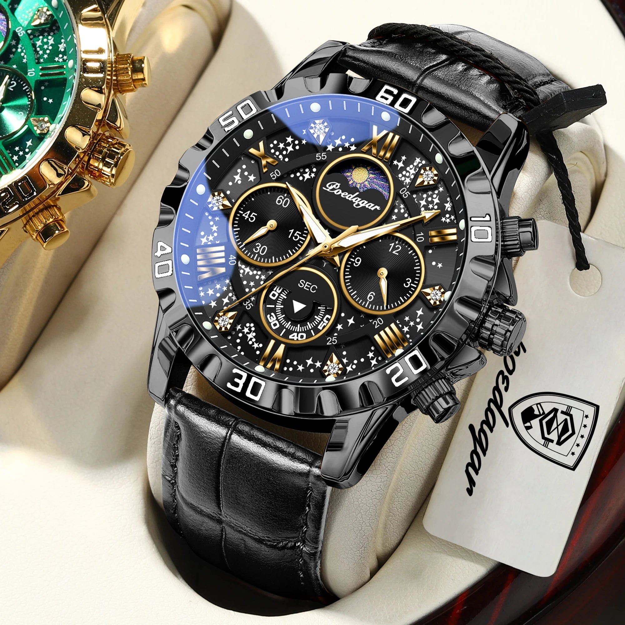 POEDAGAR Top Functional Luxury Man Wristwatch Waterproof Luminous Chronograph Leather Sports Watches For Men Quartz Men's Watch