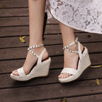 Women's genuine leather hemp wedge platform high heel ankle strap sandals open toe narrow band summer heels pumps daily shoes