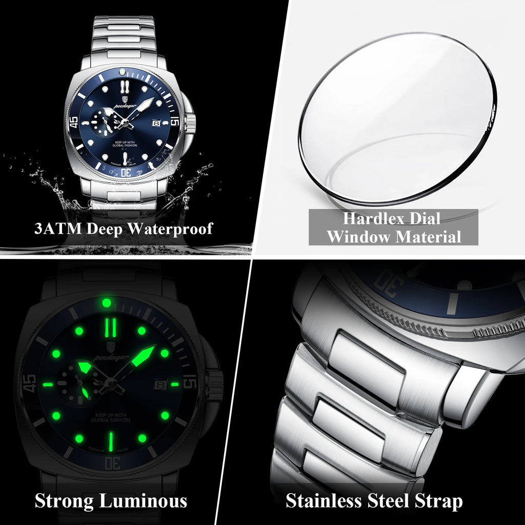 POEDAGAR Top Fashion Luxury Watch For Men Waterproof Luminous Date Men's Watches Stainless Steel Business Quartz Male Wristwatch