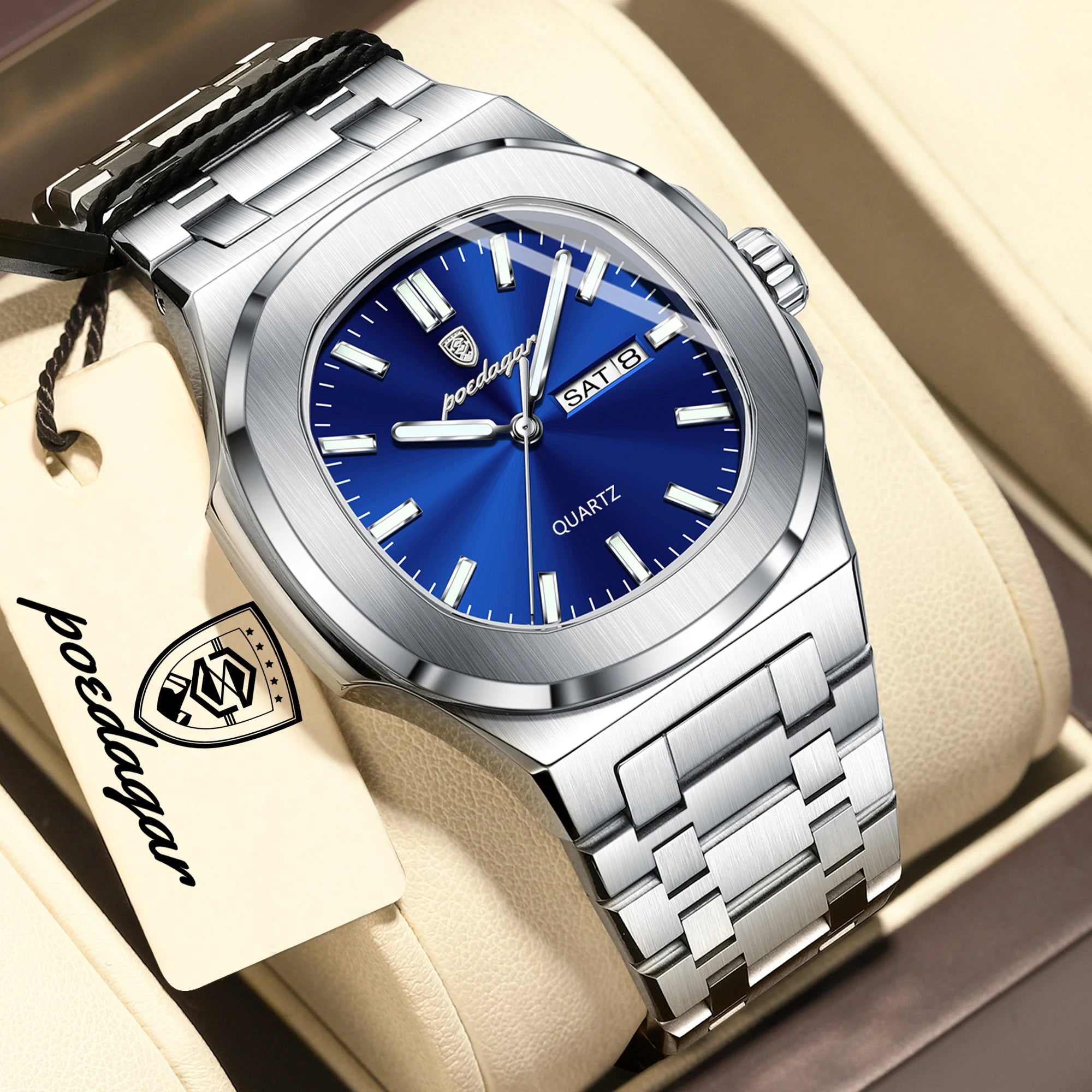 POEDAGAR Top Trendy Men's Watches Waterproof Luminous Date Week Luxury Men Watch Stainless Steel Quartz Business Man Clock Reloj