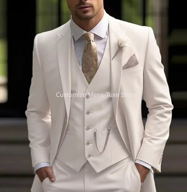 New Beige Suit Men Business Tuxedos Formal 3 Piece Set Jacket Vest Pants Single Breasted Groom Groomsman Prom Wedding Party