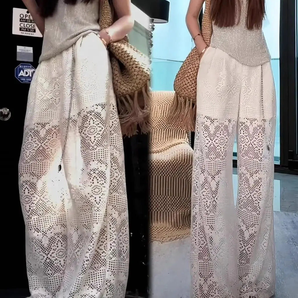 Hollow Lace White Casual Wide Leg 2025 Loose New Lazy Style Design Straight Trousers