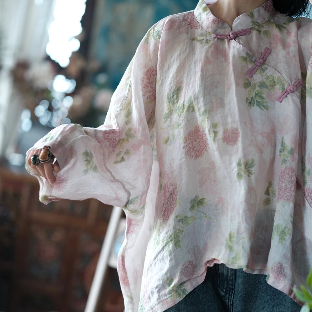 Oversized Women Batwing Sleeve Linen Shirt New 2025 Spring Chinese Style Vintage Floral Print Female Casua Tops Shirts M1057