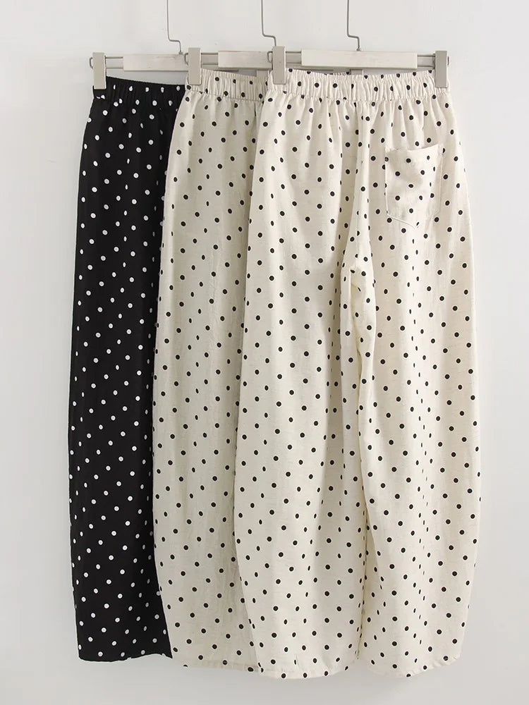 Black Polka Dot Linen Pants Women Wide Leg Summer Trousers Baggy For Ladies White Oversize Cotton Linen Pants Woman Wide