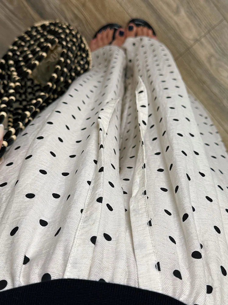 Black Polka Dot Linen Pants Women Wide Leg Summer Trousers Baggy For Ladies White Oversize Cotton Linen Pants Woman Wide