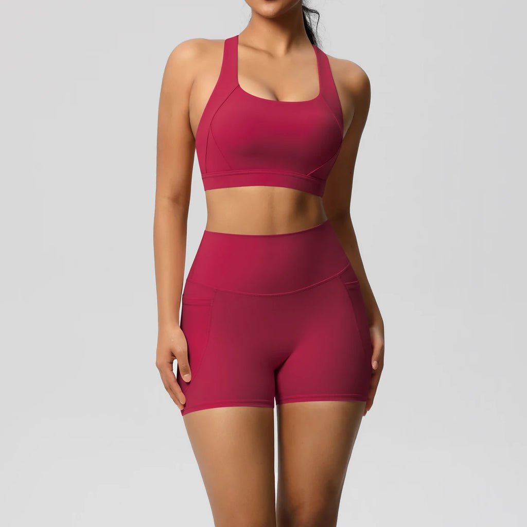 2PCS Sportswear With Pocketed Yoga Set Gym Clothes Yoga Suits For Women Tracksuits Sports Shorts Crossover Bra Gym Leggings