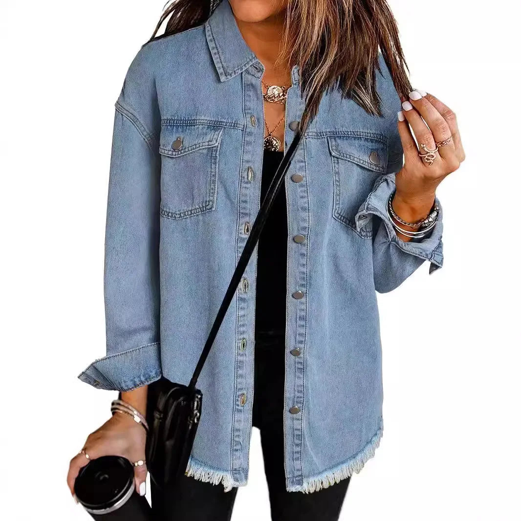Women Denim Coat Shirt Coats Turn Down Collar Y2k Streetwear Open Stitch Jacket Single Breasted Casual Loose Jackets 2025