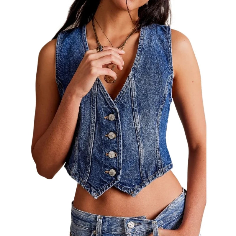 New 2026 Women's Denim Vests Summer Sexy Slim Deep V Neck Sleeveless Vest Jacket Casual Fashion Streetwear Ladies Jean Crop Tops