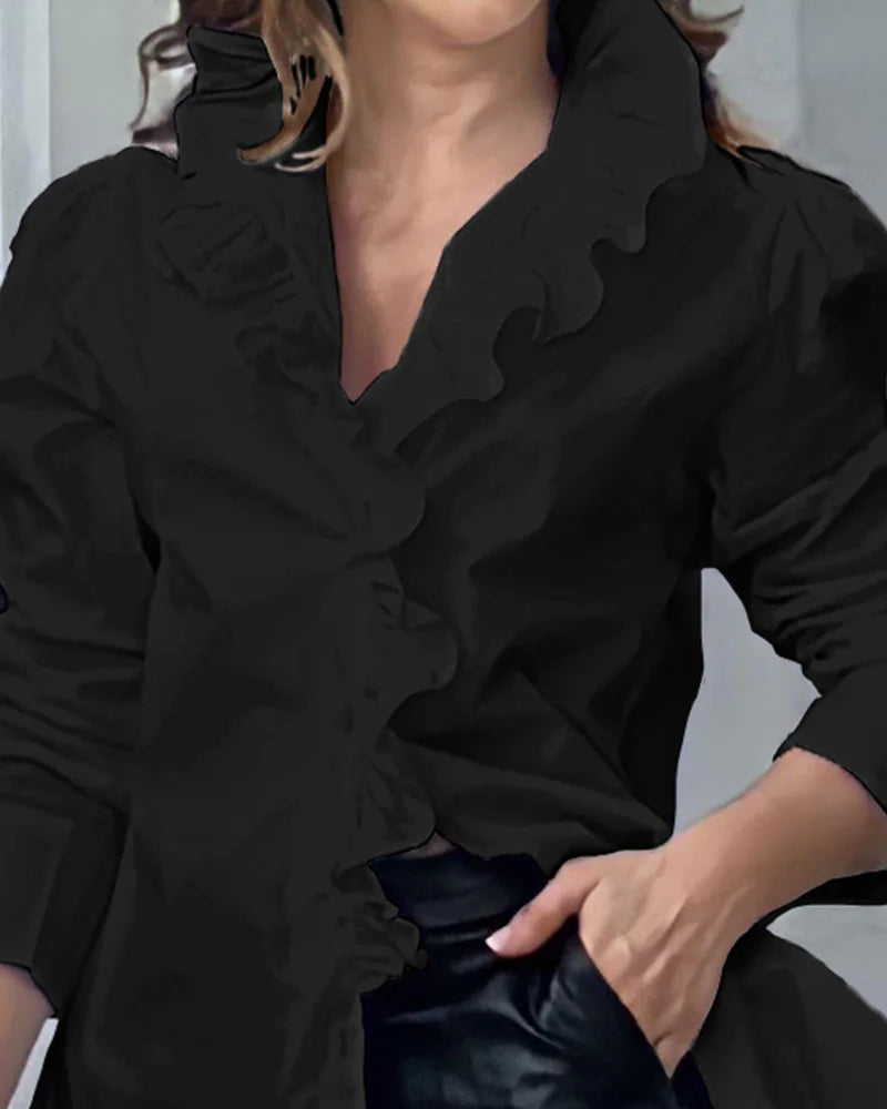 Women's V-Neck Puff Long Sleeve Ruffles Blouse, Office Lady Buttons, White Shirt, Elegant, Chic, Female Fashion, Sexy, 26550