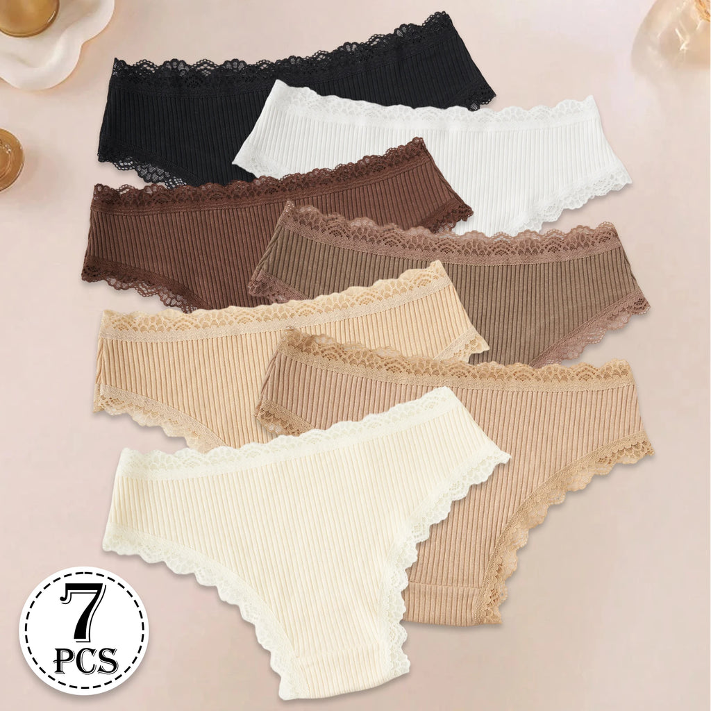 7PCS New Fashion Cotton Women's Underwear Solid Color Comfortable Breathable Panties Low-Rise Lace Trim Sexy Briefs Daily Sports
