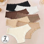 7PCS New Fashion Cotton Women's Underwear Solid Color Comfortable Breathable Panties Low-Rise Lace Trim Sexy Briefs Daily Sports