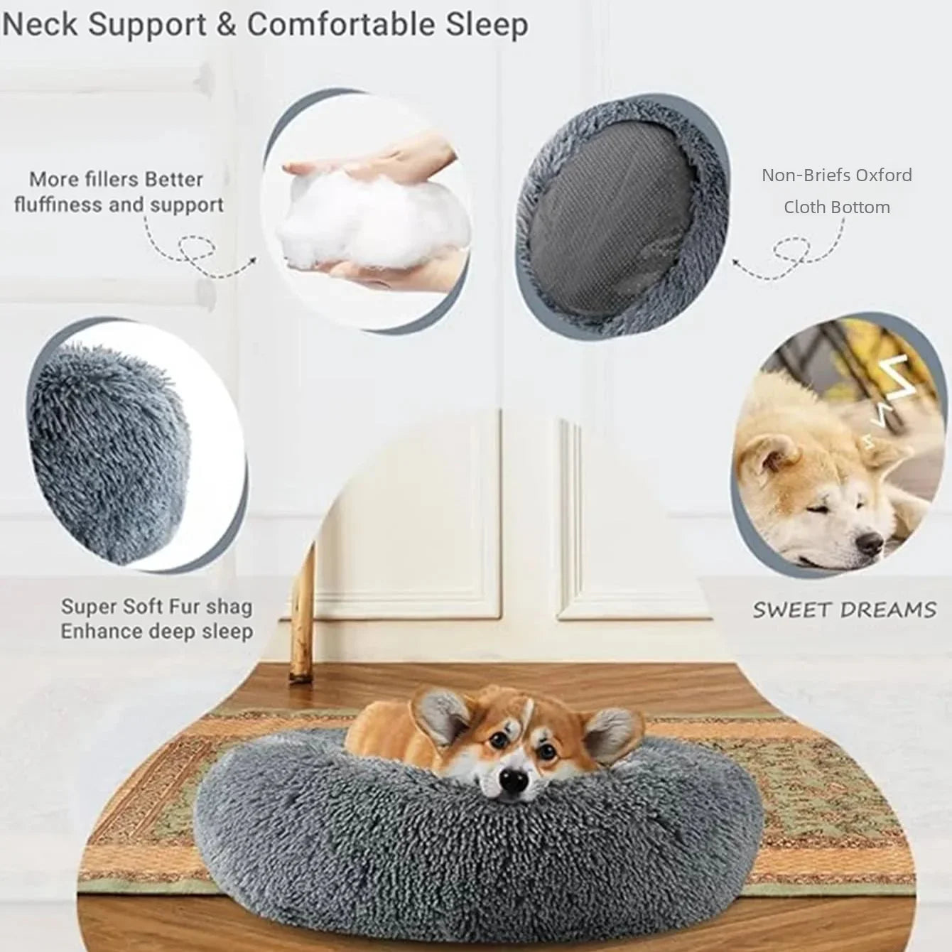 Round Pet Bed for Large Dog Bed Super Soft Cat Bed Plush Dog House for Medium Dog House Winter Warm Sleeping 40-90cm 6 Sizes