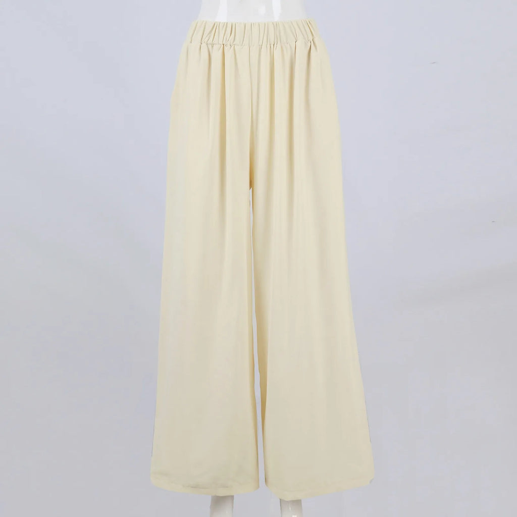 Feamle Casual and Versatile Lazy Style Wide Leg Pants With Pockets Lightweight High Waisted Loose Cropped Capris