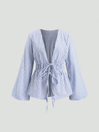 Striped Tie Bow Puff Sleeve Shirt