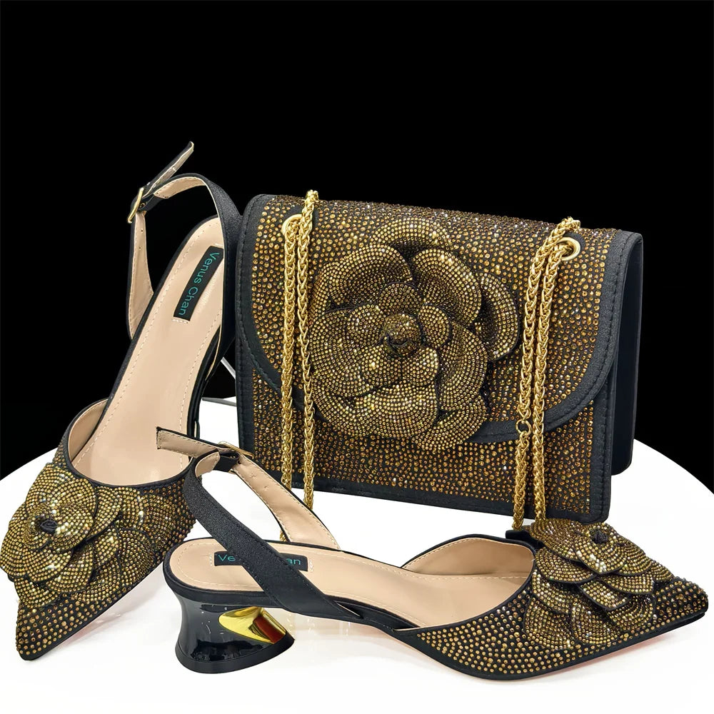 Italian Shoes And Bag Sets With Stones Gold EDHDF1-3