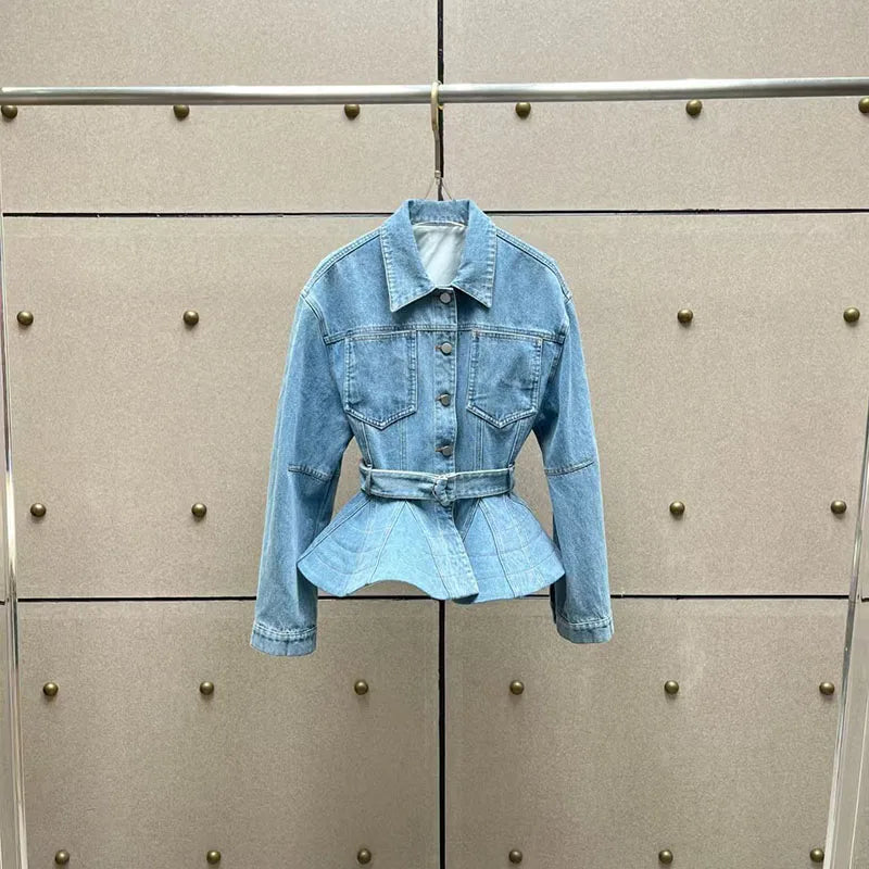 Women's Fitted Washed Denim Jacket, Notched Collar Single-Breasted Hem-Tapered Jacket, High-Quality Jacket, 2026, New Arrival,