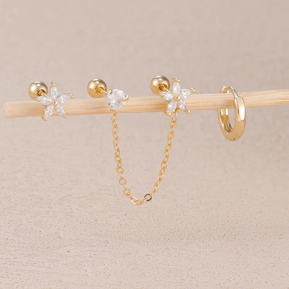 3PCS Zircon Flower Ear Stud Earrings