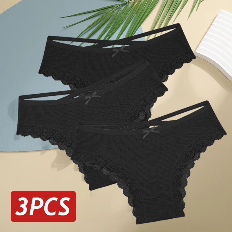 3PCS/Set Women’s Cotton Lace Bikini Panties – Low-Rise Breathable Soft Stretch Underwear (95% Cotton Comfort Fit) Sexy Low Rise Lace Brazilian Panties Hollow Out Soft Breathable Lingerie Female Bow Underwear S-XL