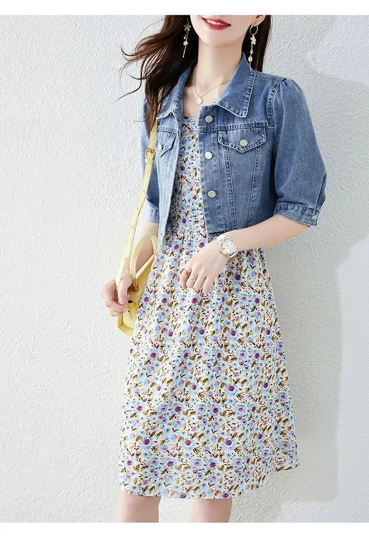 Half Sleeve Denim Fit Harajuku Street Denim Jacket Women Vintage Crops Trendy Turn Down Collar Jackets Women Basic Solid Outwear
