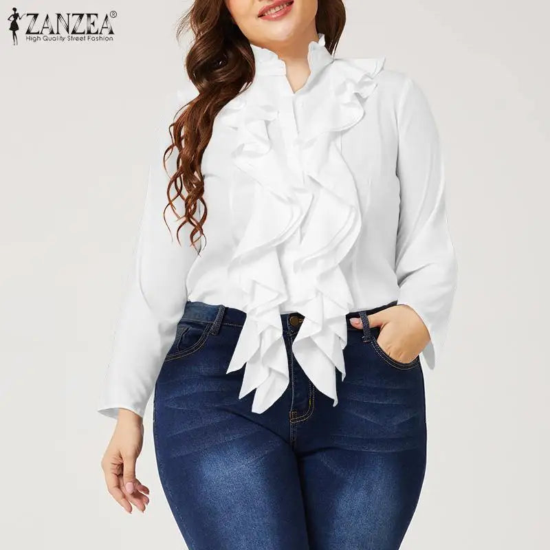 ZANZEA Elegant Women Blouse Ruffles Tops Fashion Long Sleeve Shirts Flounce Blusas Stylish OL Work Shirt Female White Blouses