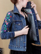 Embroidered denim jacket women's short 2025 spring and autumn new versatile elastic slim denim jacket Korean version jacket top