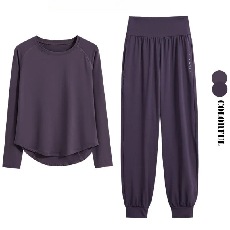DRUR 2pcs Yoga Set Women Sports Pants Sets 2 Piece Sportswear Outfit Female Long Sleeve Fitness Top High Waist Sweatpants Suits