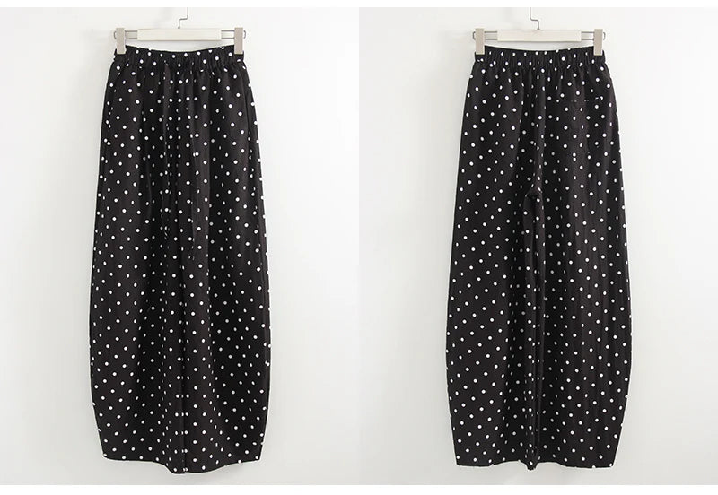Black Polka Dot Linen Pants Women Wide Leg Summer Trousers Baggy For Ladies White Oversize Cotton Linen Pants Woman Wide