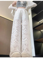 Hollow Lace White Casual Wide Leg 2025 Loose New Lazy Style Design Straight Trousers