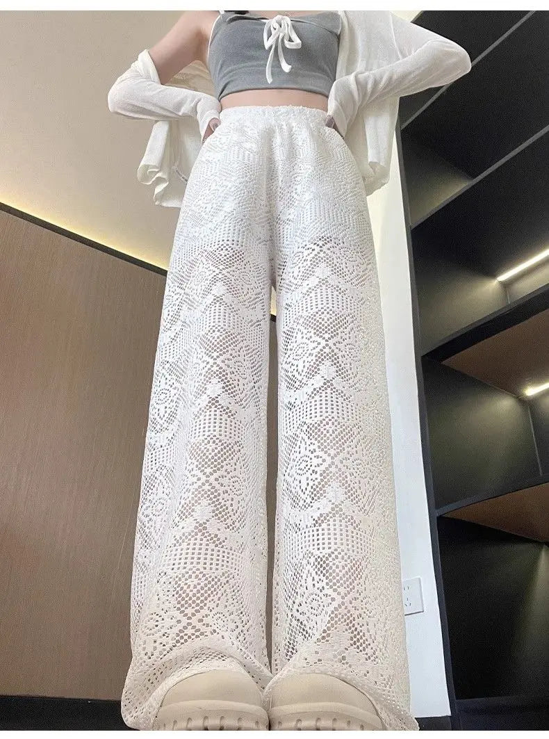 Hollow Lace White Casual Wide Leg 2025 Loose New Lazy Style Design Straight Trousers