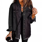 New Washed Denim Shirt Jacket for Women Fall/Winter Street Style with Distressed Hem Women's Outerwear