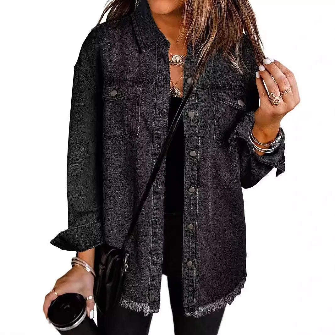 New Washed Denim Shirt Jacket for Women Fall/Winter Street Style with Distressed Hem Women's Outerwear
