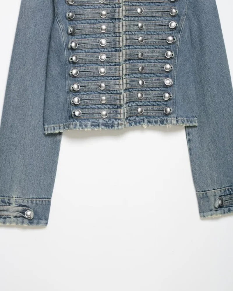 2026 New Women Denim 2 Piece Set Streetwear Button Decorated Stand Collar Cropped Jacket + Low Waist Shorts Y2K Outfi