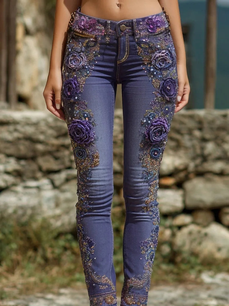 Womens European American Style Floral Print Jeans Straight Leg Casual Denim Pants