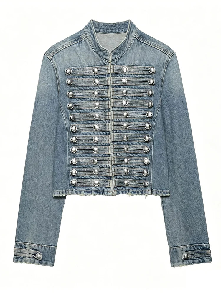 HH Women Vintage Distressed Denim Military Jacket Spring Autumn Slim Fit Biker Style Button Female Cropped Jean Coat Streetwear