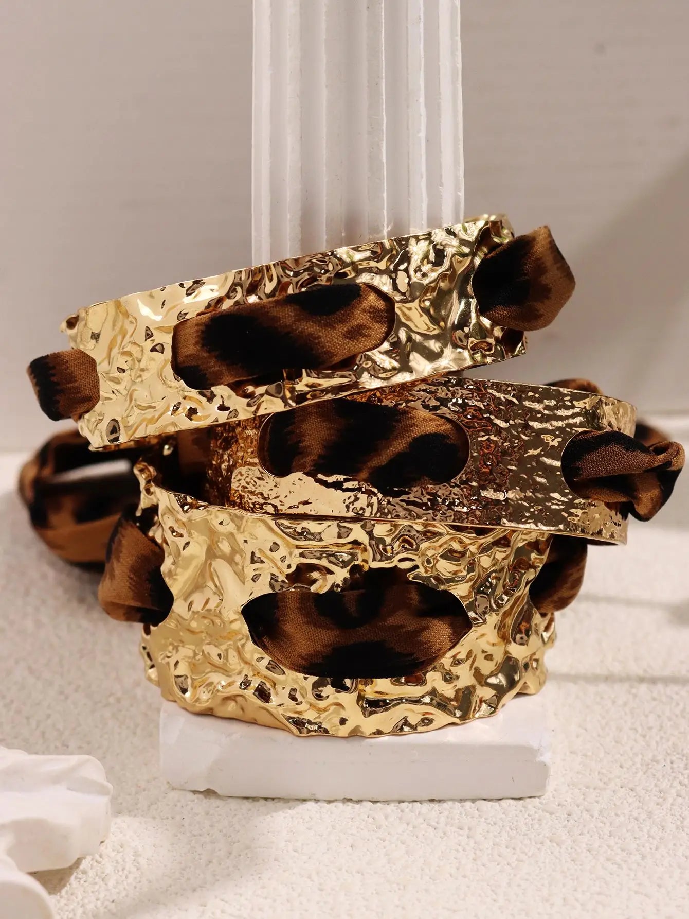 Leopard Print Ribbon-Wrapped Metal Bracelet