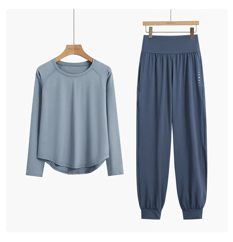 DRUR 2pcs Yoga Set Women Sports Pants Sets 2 Piece Sportswear Outfit Female Long Sleeve Fitness Top High Waist Sweatpants Suits