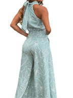 Elegant Printed Halter Neck Leace-Up Jumpsuit Women Sleeveless Fashion High Waist Wide Leg Jumpsuits Casual Streetwear  New