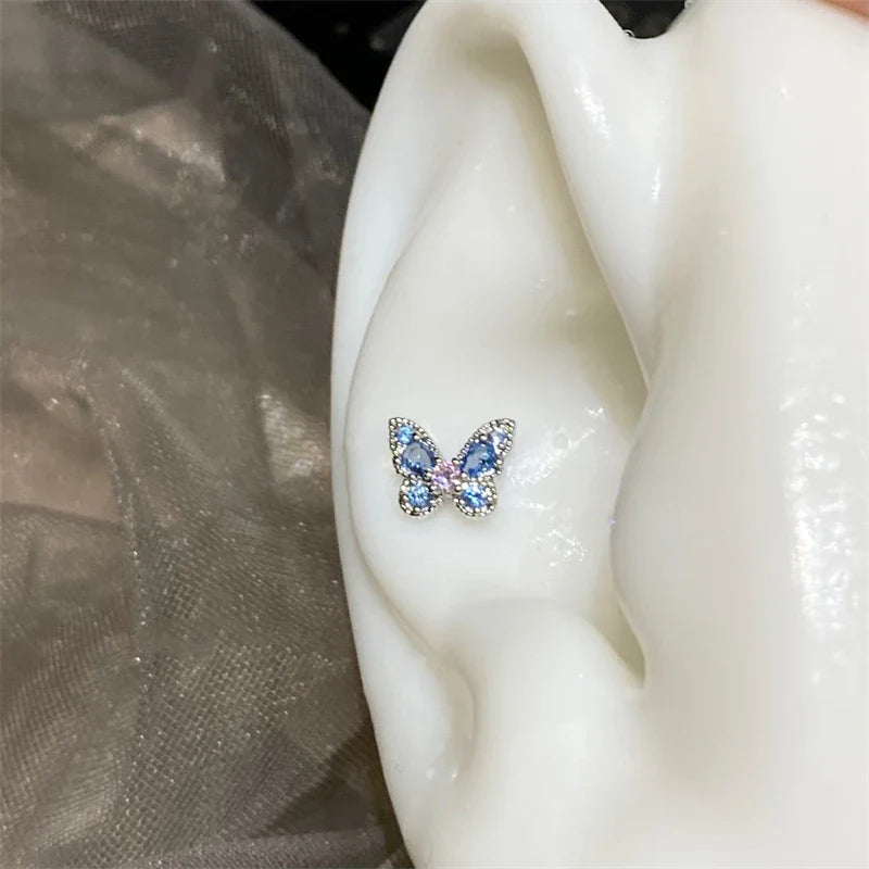 1PCS Delicate Blue Pink Zircon Butterfly 316L Stainless Steel Ear bone nail Y2K Hottie Cute Earring for Women Cochlea Accessorie