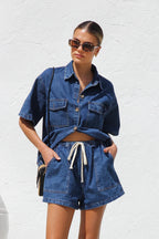 Summer Trendy Women's Casual Loose Pocket Short Sleeve Shirt Cowboy Two Piece Set