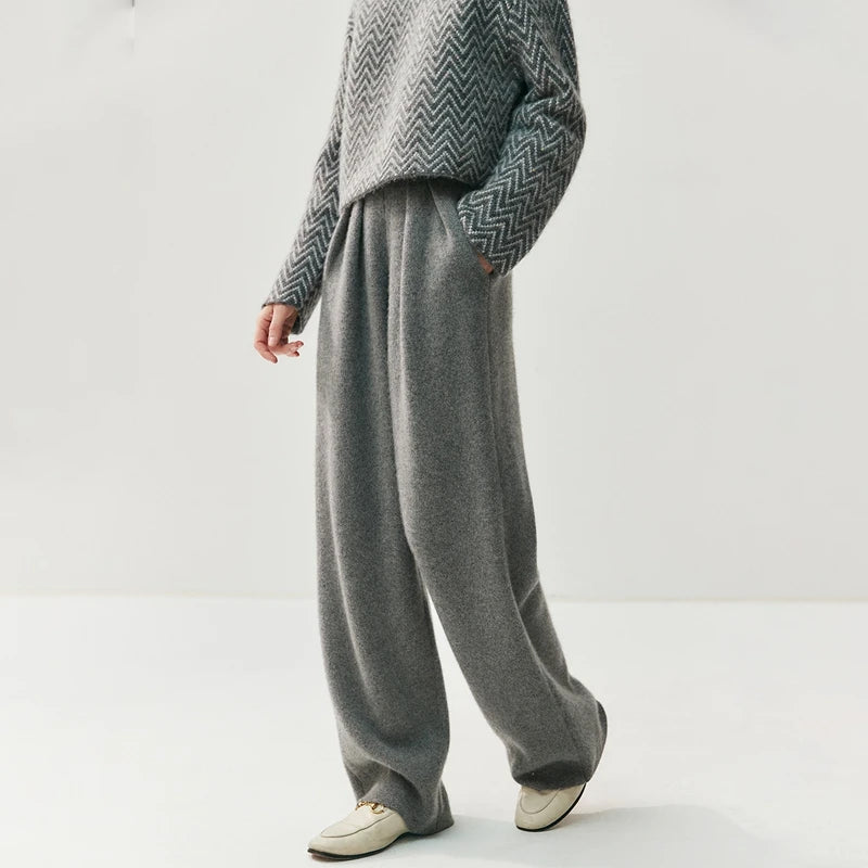 New Women's 100% Cashmere Knitted Thick Pants Autumn Winter Comfortable Skin Friendly Wide-leg Pants Solid Color Casual Clothing